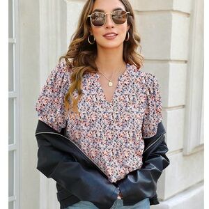 Ofeefan Pleated Puff Sleeve Tee Split V-Neck Blouse Pink Floral